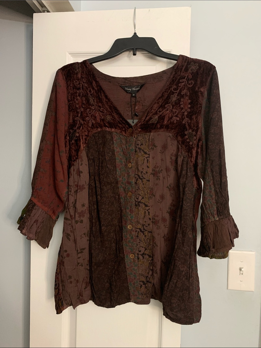 Chestnut Velvet Embroidered Patchwork Top - Picture 2 of 3